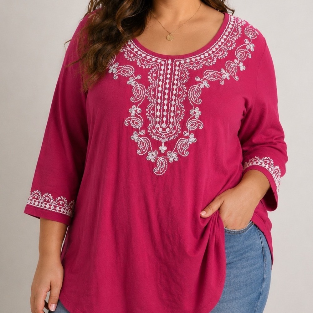 Woman Within Embroidered‎ Tunic Top 26/28W 2X Pink Boho Cotton Plus Size Peasant
